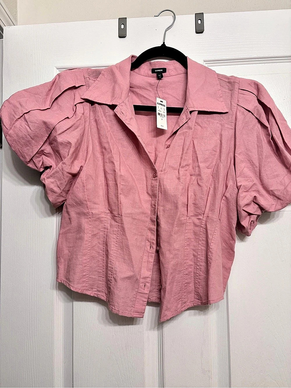 Express Linen-Blend Puff Sleeve Corset Button Up Shirt Pink Medium